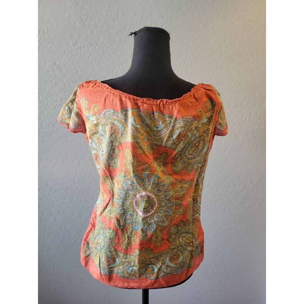 Lucky Brand Orange Aztec Short Sleeve Blouse Size M Bohemian Hippie Western - Picture 7 of 7